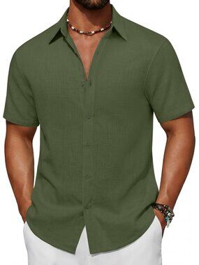 Men's Army Green Short Sleeve Button Down Cotton Linen Beach Shirt Pocket